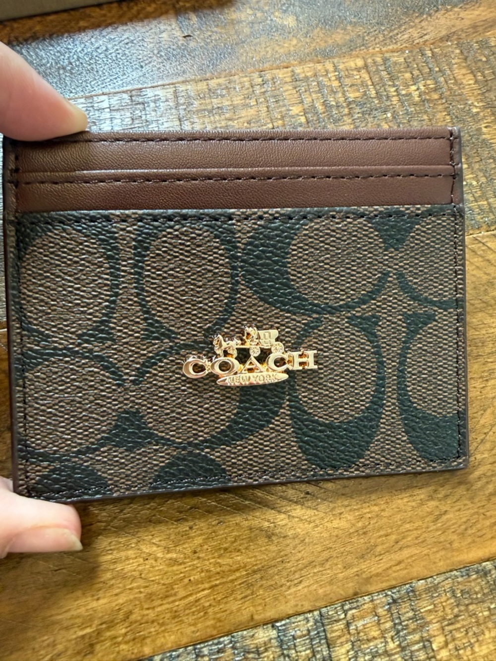 Coach Brown Signature Monogram Card Holder with Gold Logo